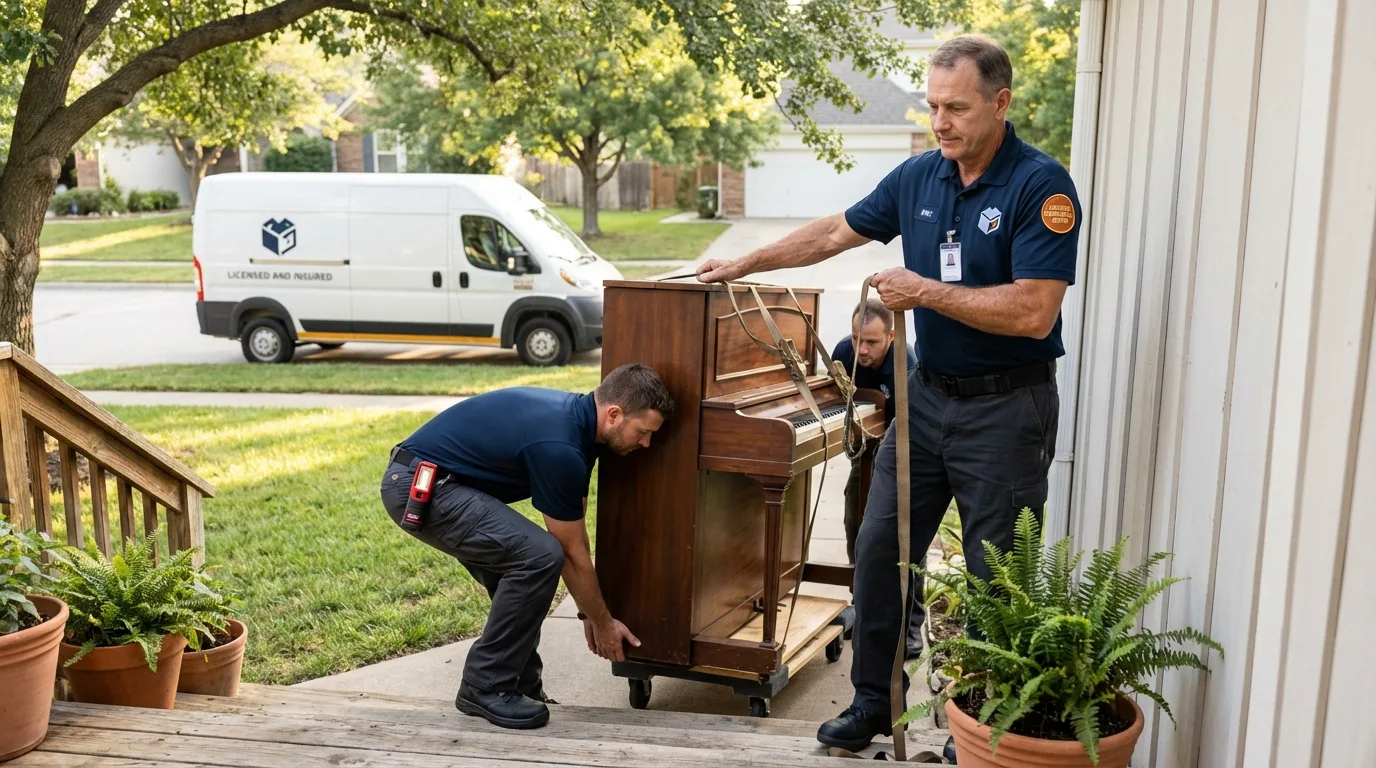 Licensed piano movers securing grand piano in Bristol, FL