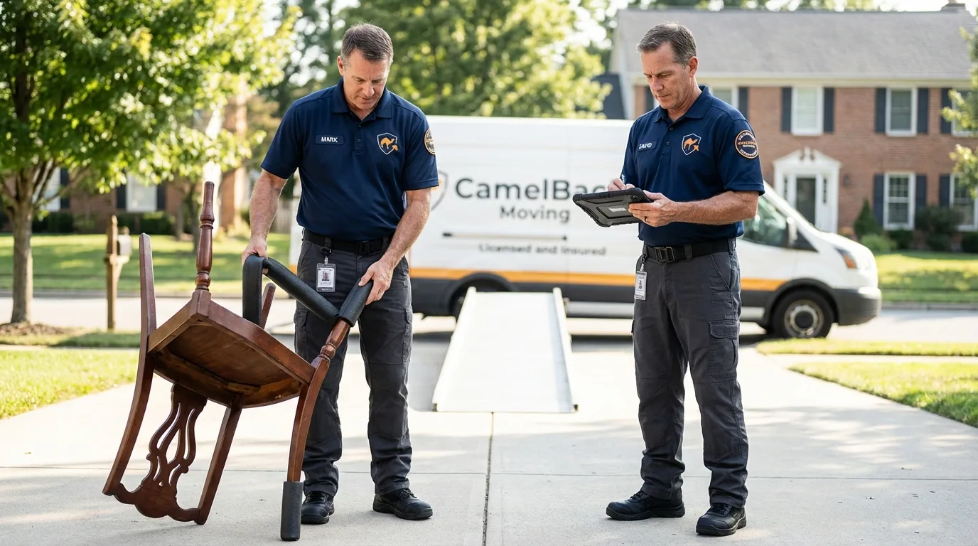Movers inspecting furniture for damage prevention before loading in Bristol, FL