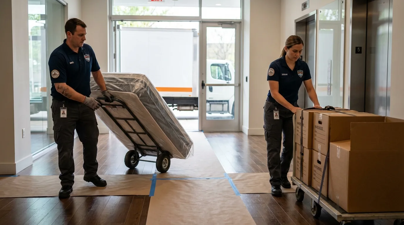 Professional apartment movers loading elevator in Bristol, FL
